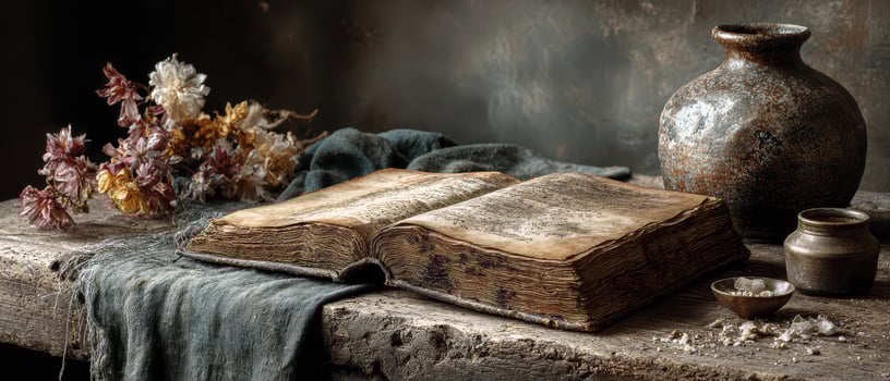 Old book on rustic table with pottery photo