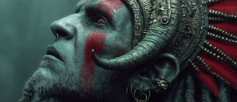 Warrior with ornate headdress and tribal markings photo