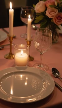 intimate dining setup with low camera angle showing flickering candle flames reflected in glossy plates and cutlery photo
