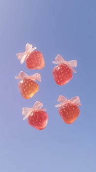 Strawberry Candies with Bows on Light Blue Background photo