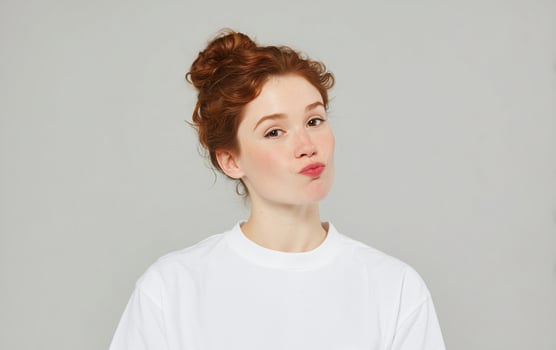 Impressed Woman with Red Hair and White T-Shirt photo