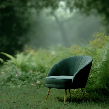 Green Velvet Chair on Grass with Forest Background photo