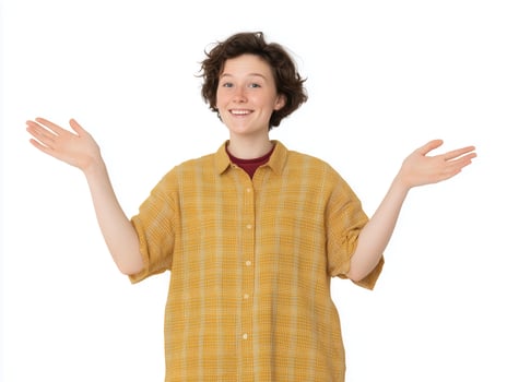 Woman with Arms Outstretched, Wearing Plaid Shirt, on White Background photo