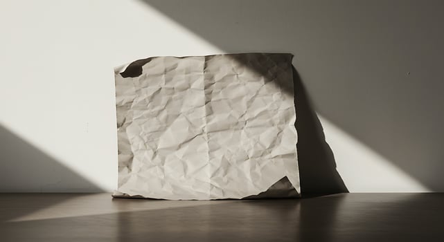 A crumpled piece of paper stands against the wall, illuminated by light - Generated using AI photo