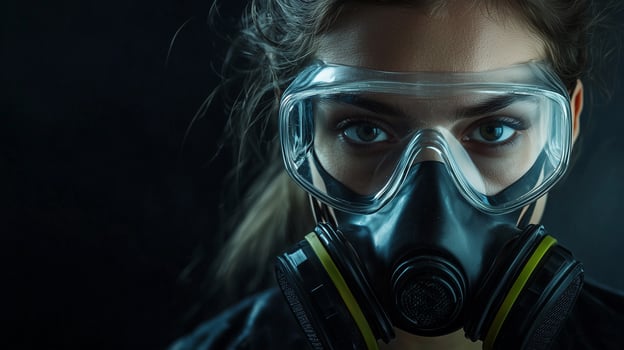 Woman wearing protective gear, such as an eye mask and a gas mask face shield photo