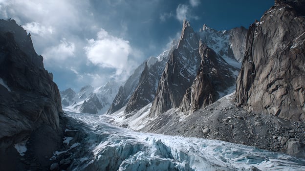 Glacier flowing through mountains covered with snow under cloudy sky photo
