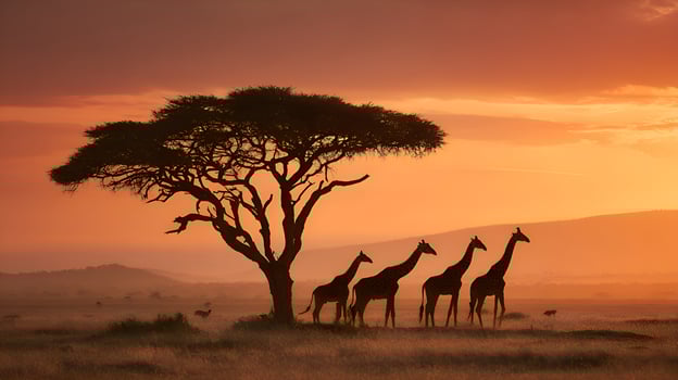 Giraffes enjoying sunset in the african savanna near an acacia tree photo