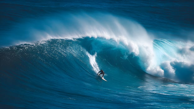 Surfer riding big blue ocean wave at pipeline photo