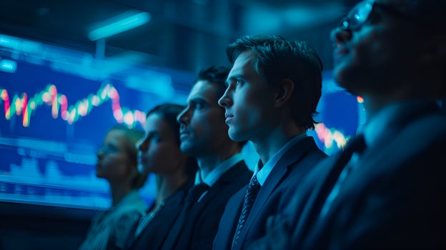 Stock market investors observing graphs on multiple screens in a blue lit room photo