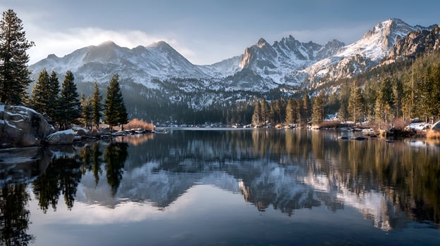 Snowy mountains reflecting in a lake at sunrise in the sierra nevada photo