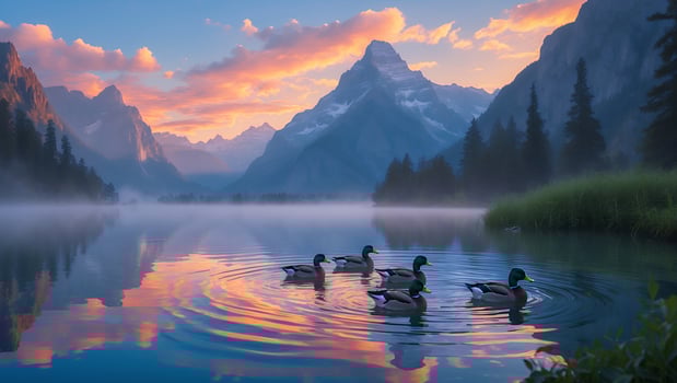 Serene lake at sunrise with ducks swimming peacefully amidst misty mountains and vibrant sky photo