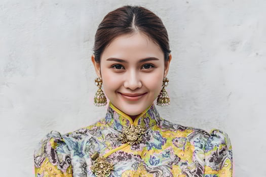 Young Woman Wearing Traditional Asian Dress with Jewelry in Front of White Wall photo