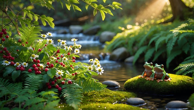 Two colorful frogs sitting on a mossy rock by a serene stream surrounded by vibrant flowers and greenery photo