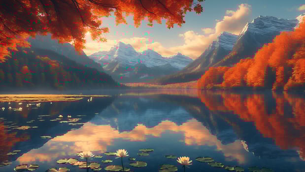 Serene autumn landscape with vibrant orange foliage reflecting in a calm lake surrounded by mountains photo