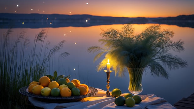 Serene sunset by the lake featuring a candlelit table with fresh fruits and lush greenery photo