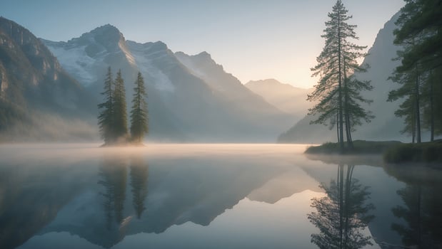Serene mountain landscape at dawn with misty lake reflecting pine trees and distant peaks photo