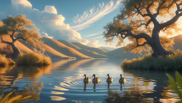 Serene lake landscape with four ducks swimming amidst lush trees and rolling hills under a vibrant sky photo