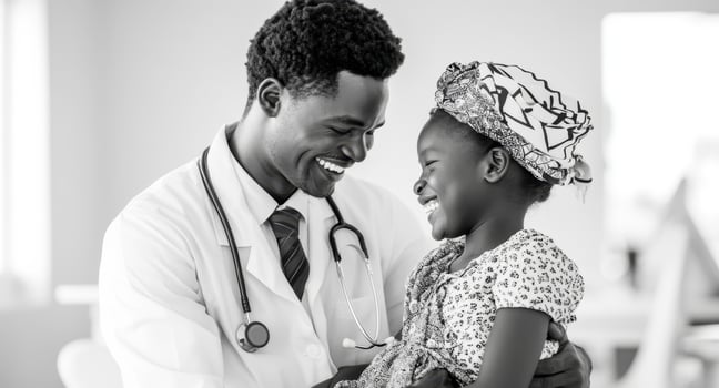 African Doctor and Child Patient Smiling Together photo