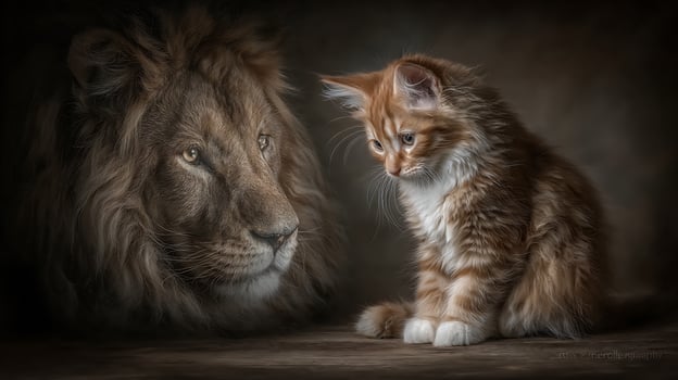 Kitten Looks Intently at Lion, Symbol of Strength photo