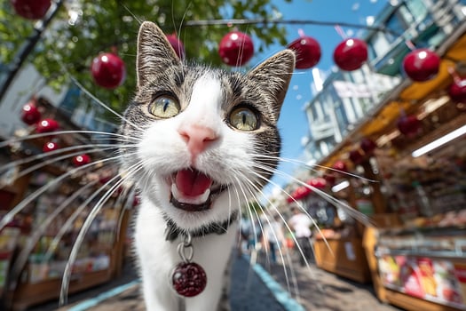 Funny Fisheye View of a Cat Yawning Outdoors photo
