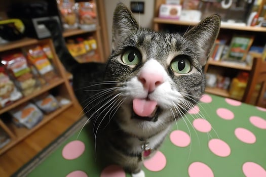 Funny Cat Sticking Tongue Out on Polka Dot Table photo