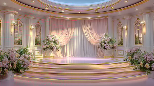 Ornate Wedding Stage With Pink Floral Arrangements photo