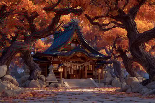 Japanese Shrine in Autumnal Maple Tree Forest photo