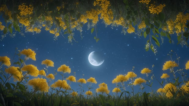 Serene night scene featuring a crescent moon surrounded by vibrant yellow flowers under a starry sky photo