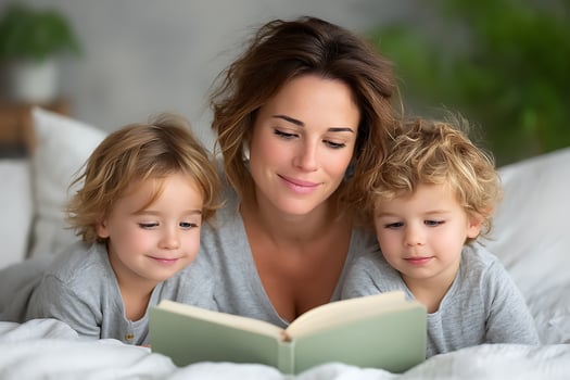 Mother Reading a Storybook to Her Two Kids in Bed photo