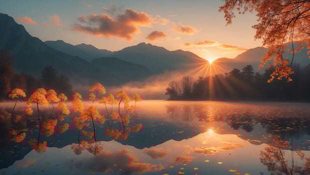 Serene autumn sunrise over tranquil lake with colorful trees reflecting in calm waters and mountains photo