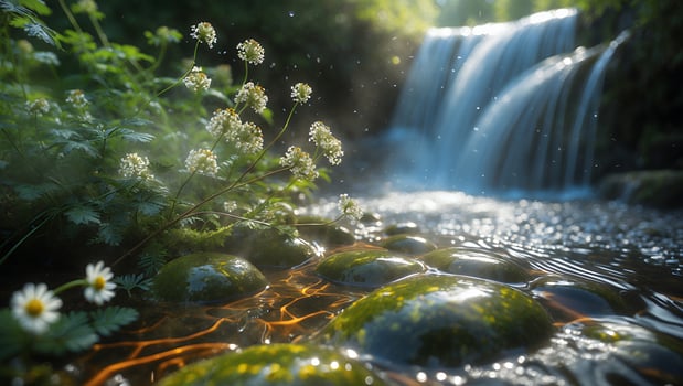 Serene waterfall cascading over smooth stones, surrounded by vibrant greenery and delicate flowers photo