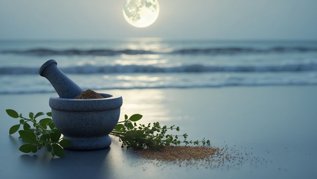 Serene coastal scene with a mortar and pestle filled with sand, illuminated by a full moon at night photo