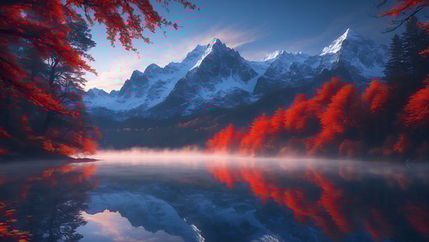 Majestic mountains reflect in a serene lake surrounded by vibrant autumn foliage at dawn photo