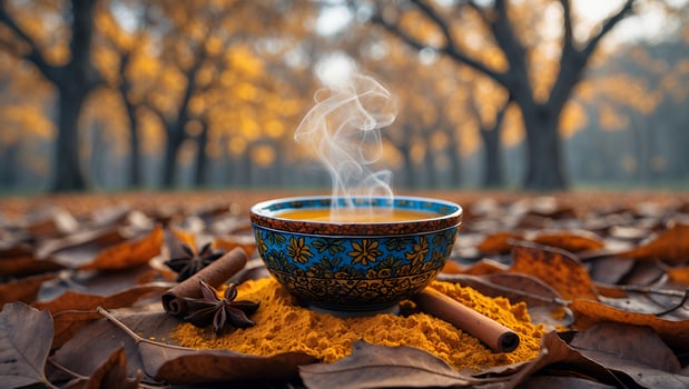 A steaming bowl of aromatic spices sits on vibrant autumn leaves in a serene forest setting photo