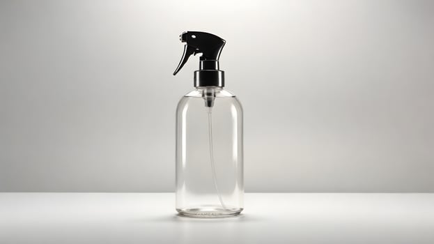 Clear Glass Spray Bottle with Black Top on White Background photo
