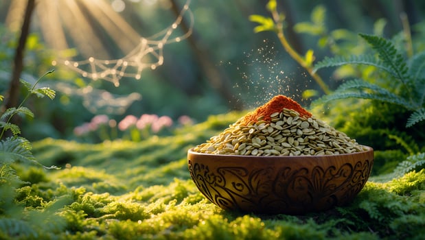 A bowl of spices and grains on lush green moss in a sunlit forest with soft light and nature backdrop photo