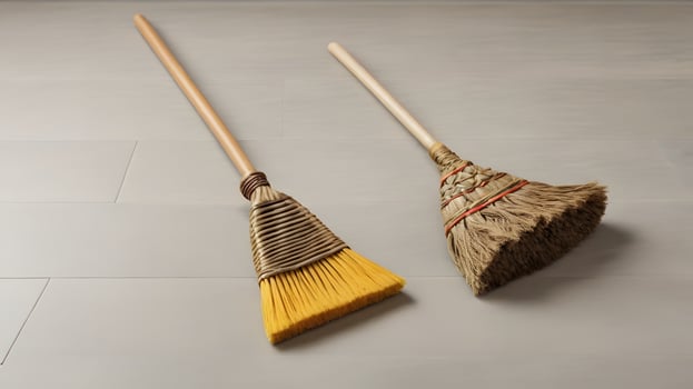 Two Traditional Brooms Resting on a Light Grey Floor photo
