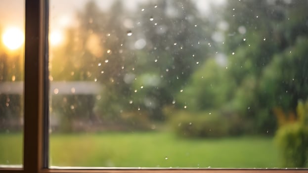 Raindrops clinging to windowpane, blurred green garden and golden sunset light photo