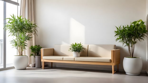 Minimalist Interior with Plants and Sofa, Bathed in Natural Sunlight, Modern Design. photo