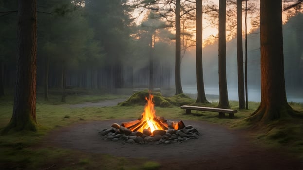 Campfire's Warm Glow Illuminates a Misty Forest Clearing at Dusk photo