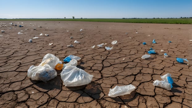 Plastic Waste Scattered on Cracked Earth, Environmental Pollution Concerns. photo