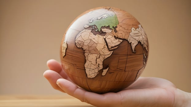 Hand Holding Intricate Wooden Globe Earth Model photo