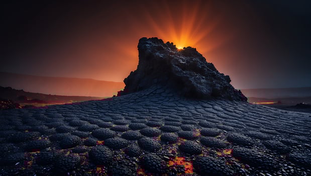 Majestic volcanic landscape at sunset with glowing lava and dramatic rock formations in view photo