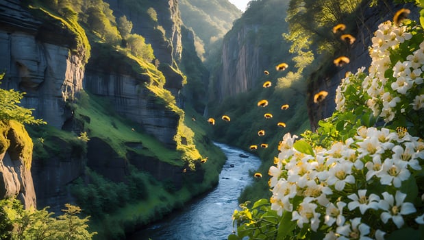 Serene river flowing through a lush green valley adorned with wildflowers under soft sunlight photo
