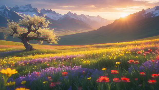 Serene sunset over a vibrant flower meadow with a solitary tree amidst majestic mountains photo