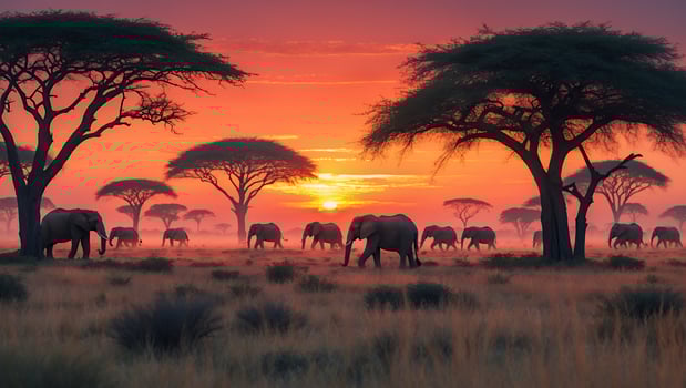 Elephants grazing peacefully during a vibrant sunset in an African savanna, surrounded by acacia trees photo