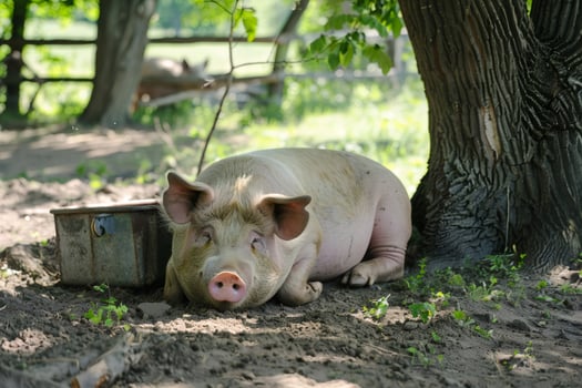 Pig resting on the ground under a tree in a farm photo