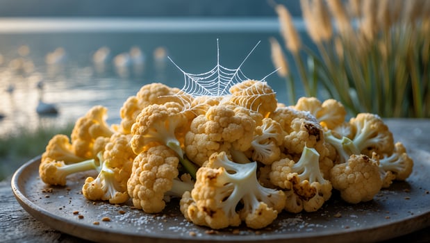 Freshly harvested cauliflower arranged on a rustic plate by a serene lake at sunset with spider web photo
