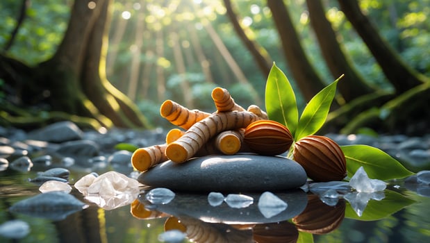 Tranquil forest scene featuring natural elements like stones, leaves, and decorative pieces by water photo