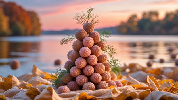 A beautifully crafted pyramid of pink lychees surrounded by autumn leaves by a serene river at sunset photo